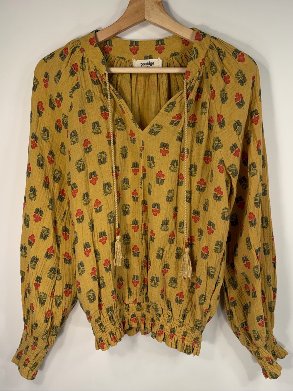 Mustard Floral Tie-Neck Blouse by Porridge